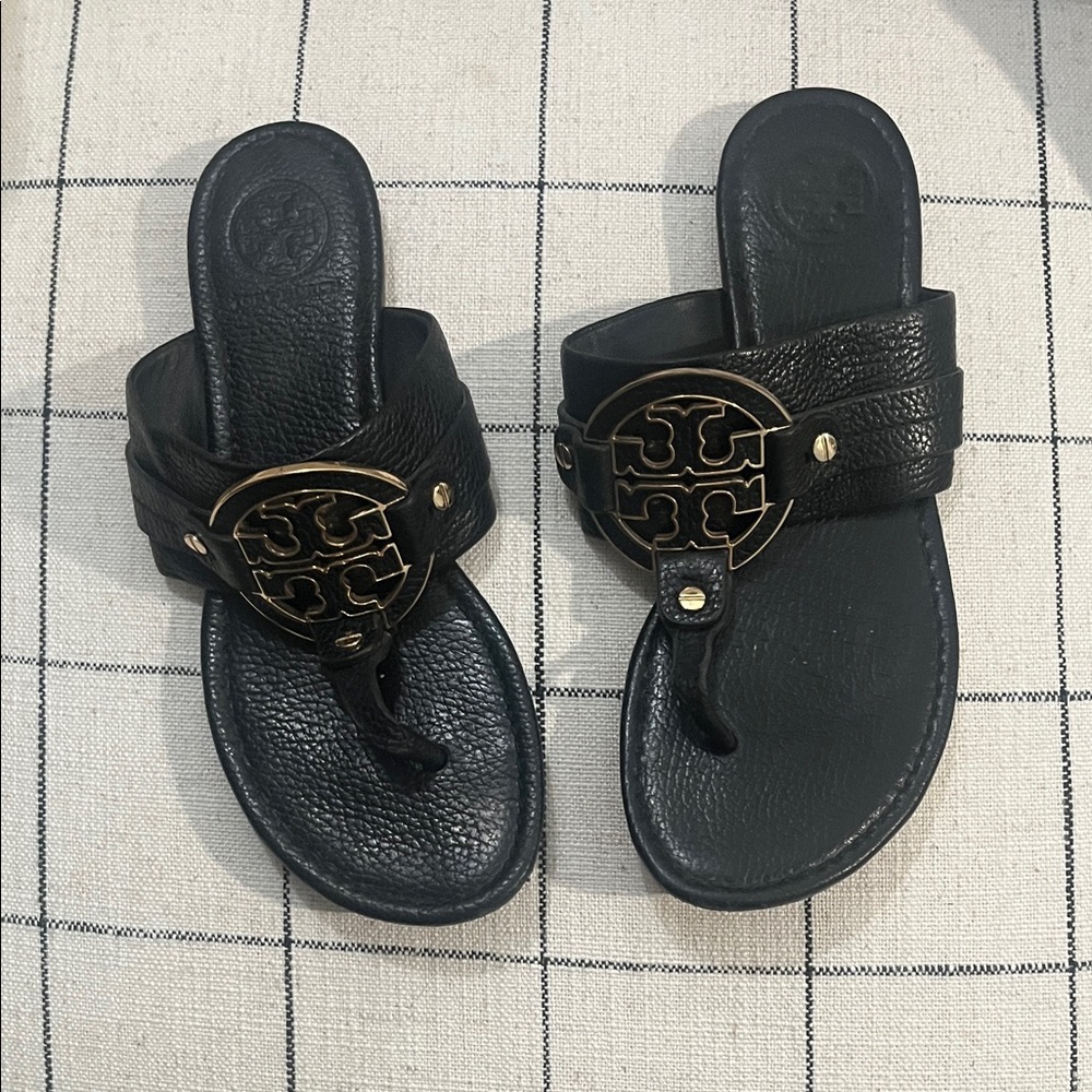 Tory Burch Black Sandals with Gold Accents
